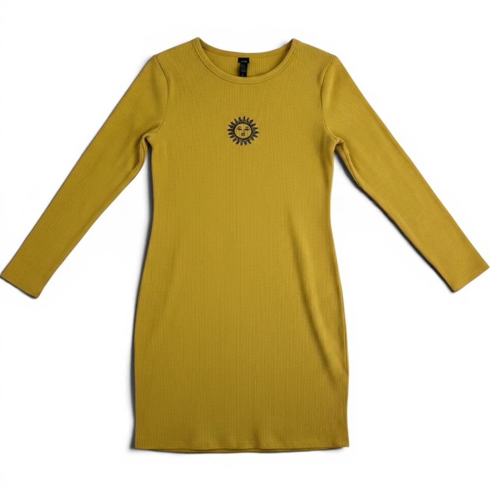 Celestial Moon Sun Embroidered Mustard Cotton Mini Dress Long Sleeve Strech Boho